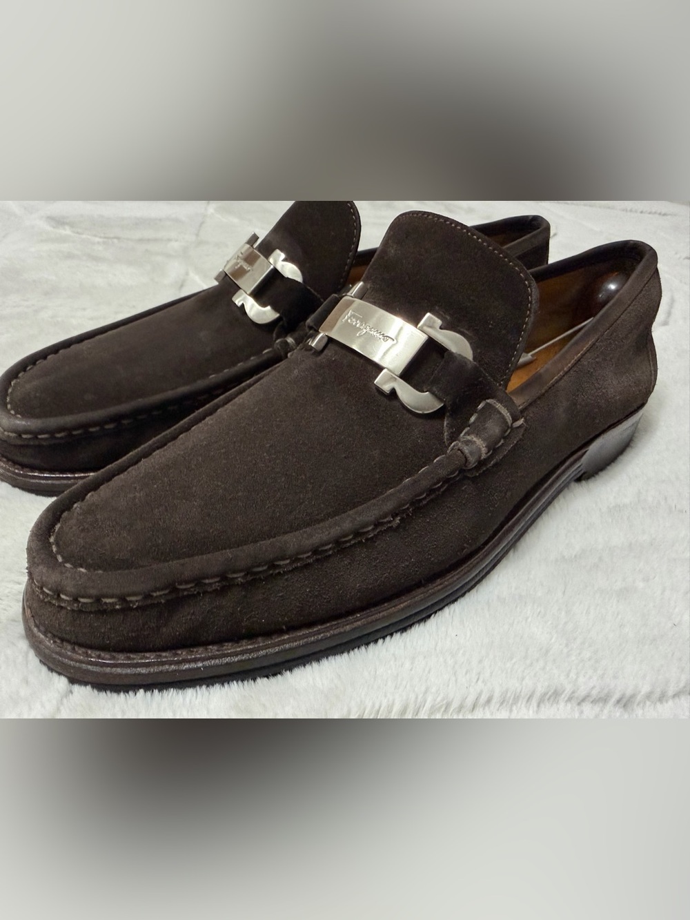 MINT! $950 Salvatore Ferragamo Dark Brown Suede Gancini Buckle Bit Loafers 11 D